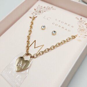NWT LC Lauren Conrad Letter "M" Initial Heart Locket Necklace Stud Earring Set